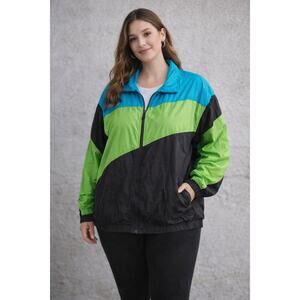 Vintage 90s Roaman’s Colorblock Windbreaker Jacket Teal Green Black Oversized 1X